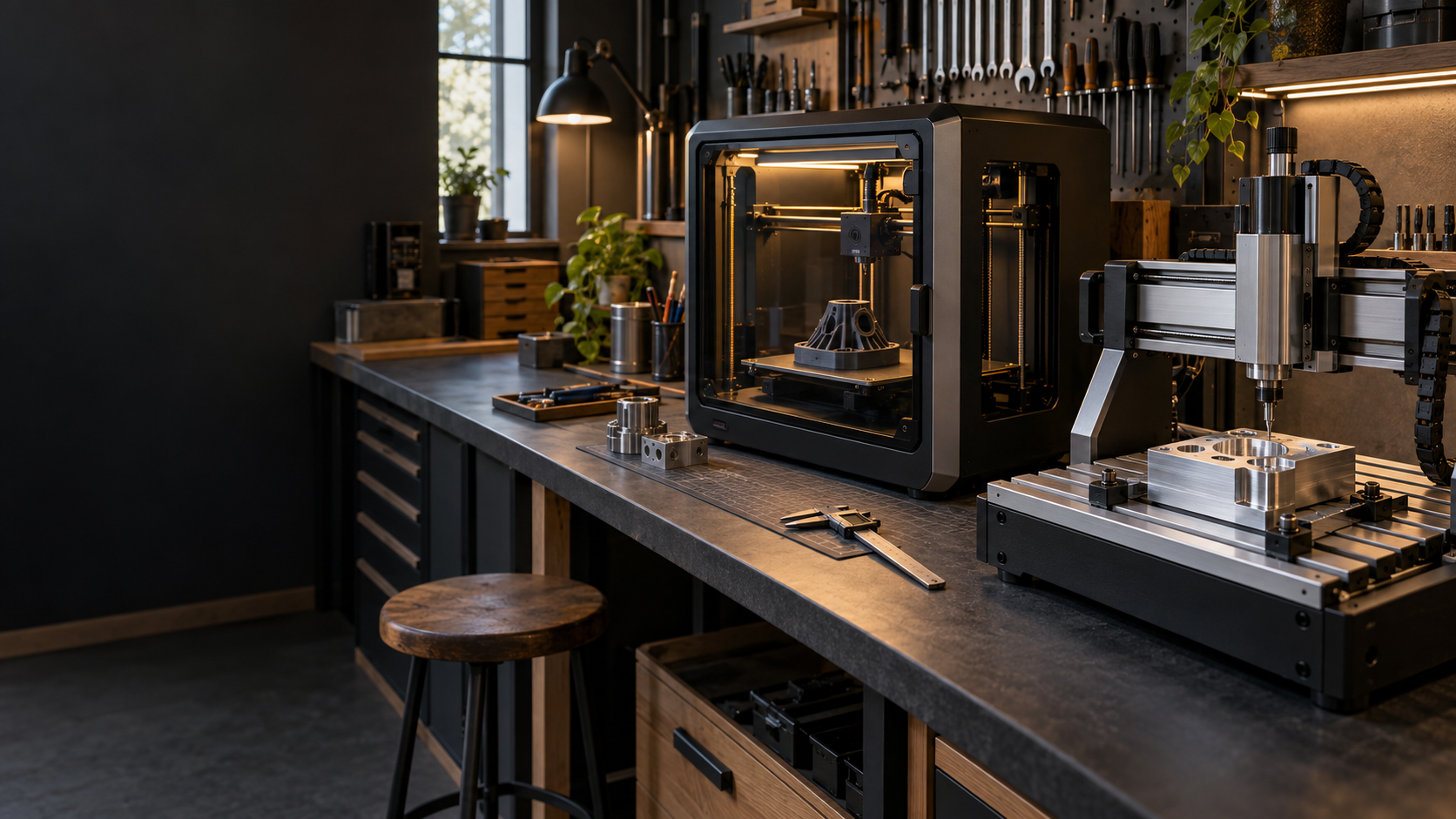 3D-Drucker und Desktop-CNC in einer aufgeräumten Werkstatt